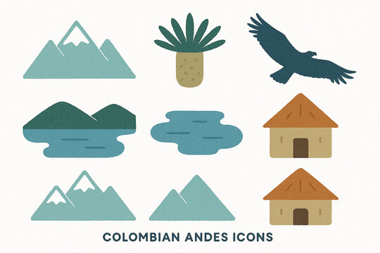 Colombian Andes Icon Set with Nevado Peaks, Frailej&oacute;n and Condor in Geometric