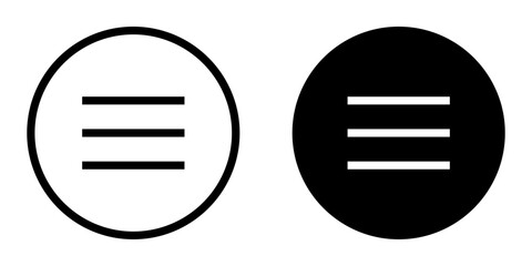 Menu icon set. A clean and simple illustration of a hamburger menu icon inside of a circle. The icon is shown in both outline and filled style, perfect for website and app design.