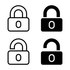 Padlock icon set. A set of simple padlock icons in both locked and unlocked states, suitable for website and app design. Black and white illustration of security and privacy concepts.