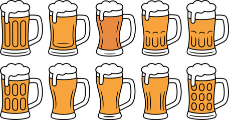 Collection of cartoon beer mugs with frothy tops for celebration and social drinking