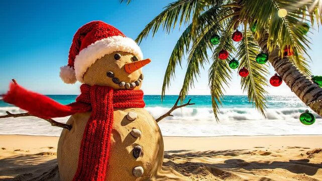 Smiling sandman wearing Santa hat and scarf standing on tropical beach under palm tree with baubles. Concept of summer Christmas holiday, New Year vacation and travel in hot sunny climate