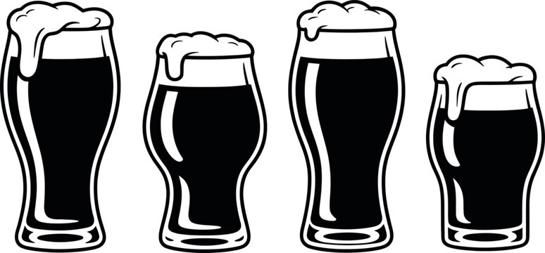 Illustration of four frothy beer glasses in black and white