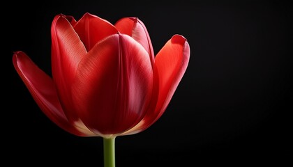 Vibrant Red Tulip Bloom Against Stark Black Backdrop