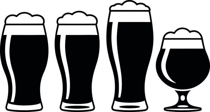 Set of four handdrawn glass beer mugs with frothy tops for a casual drinking theme