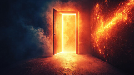 Mysterious open door glowing in a dark room, with an aura of mystery and intrigue. The room is filled with an atmospheric glow, suggesting a passage to another realm AI Generative