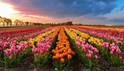 Fototapeta premium Field Of Flowers With A Mix Of Pink Yellow And Orange Tulips