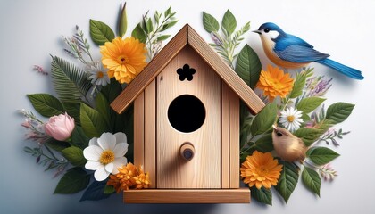 birdhouse surrounded by flowers leaves and birds creates a charming design suited for springtime themes and nature inspired graphics