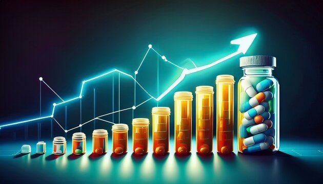 medicine costs rising pill bottle and upward trending graph illustrating increasing pharmaceutical expenses