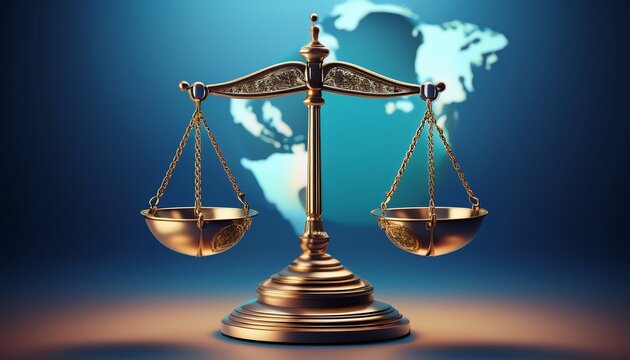global justice a symbolic scale of justice balances the globe against a blue gradient background representing fairness law and international cooperation