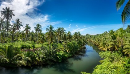A Lush Tropical Landscape With A Dense Riverbank Of Palm Trees And Green Foliage Under A Bright Blue Sky