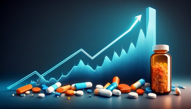 medicine costs rising pill bottle and upward trending graph representing increasing pharmaceutical expenses