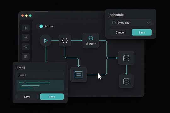 Visual Workflow Builder: AI Automation, Data Piping, and Scheduling in Dark Mode UI