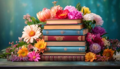 a whimsical stack of vintage books surrounded by colorful flowers