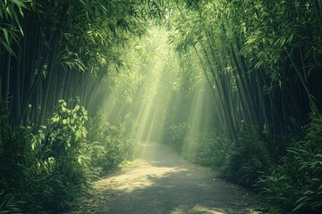 Obraz premium Sunlight filters through a lush bamboo forest creating a peaceful pathway