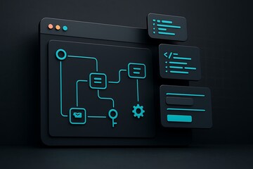 Dark Mode UI Flowchart Concept: Modern Business Process, Workflow Automation, and Digital Architecture Visualization