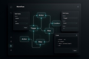 Dark Mode Workflow Automation Interface: Node-Based Logic Builder UI Design Concept