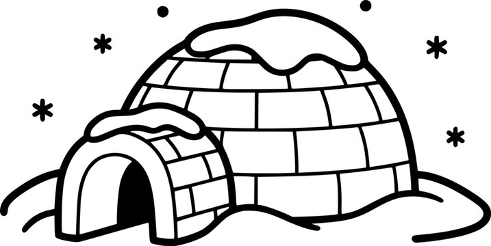 Simple line art of a cozy snow-covered igloo for coloring
