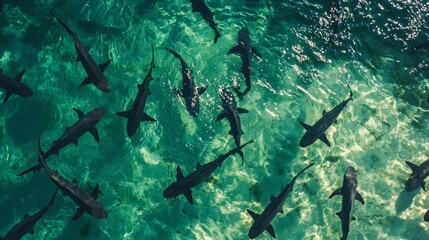 Sharks swimming gracefully in clear turquoise waters near sandy tropical beach at midday