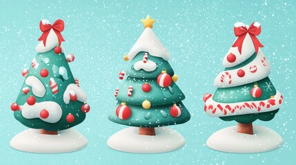 Three colorful Christmas trees decorated with ornaments and snow in a cheerful winter scene