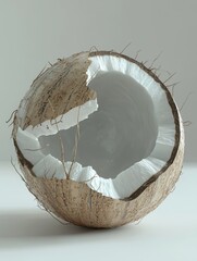 Coconut with broken shell placed on a plain backdrop showing inner texture and structure of the fruit