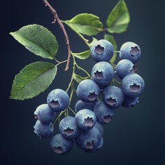 Close view of fresh blueberries hanging on a branch with green leaves in a natural setting during daylight hours