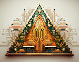 Warning triangle with AI circuitry inside, white background