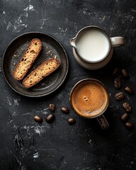 Fresh coffee and snacks served on a dark table with milk and coffee beans for a delightful morning experience