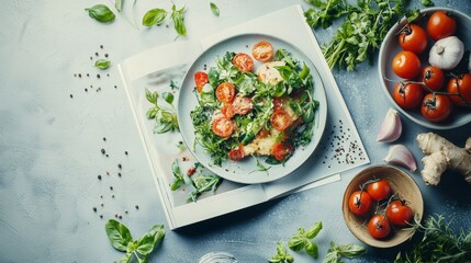 Fresh salad preparation on cooking book with vegetables and herbs in kitchen setting during daytime