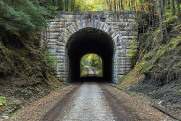 Old stone railway tunnel surrounded by trees in a serene forest setting