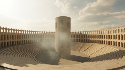 Ancient circular stone amphitheater with central column and mist under a cloudy sky