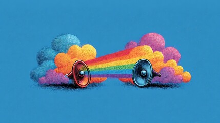 Cartoon speakers puffing out rainbow sound clouds