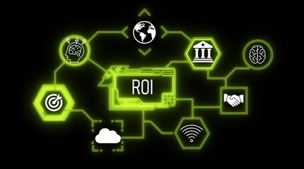 Digital Network Diagram Illustrating ROI with Neon Green Connections and Business Icons Keywords: ROI, return on investment, business, finance, strategy, network, diagram, infographic