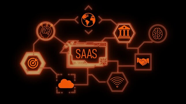 Saa S Concept Network Diagram with Orange Icons and Glowing Lines on Black Background SaaS Software as a Service