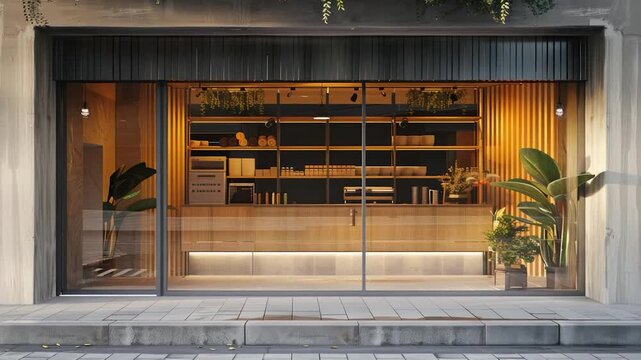 Video A store front with a glass door and a plant in the window