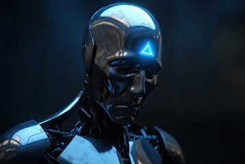 A futuristic chrome android with a luminous blue triangular symbol on its forehead in a dark setting