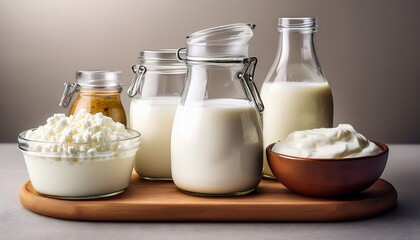 Milk Products Tasty Healthy Dairy Products On A Table On Sour Cream In A Bowl Cottage Cheese Bowl Cream In A A Bank And Milk Jar Glass Bottle And In A Glass