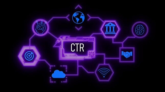 Digital Marketing CTR Concept Network Diagram with Purple Neon Glow and Icons on Black Background Click Through Rate