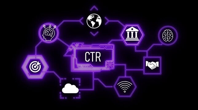 Digital Marketing CTR Concept Network Diagram with White Icons and Purple Neon Glow on Black Background