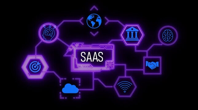 Saa S Concept Network Diagram with Blue Icons and Purple Neon Glow on Black Background SaaS Software as a Service