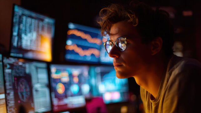 A young man sits in a dark office focused on multiple computer screens displaying graphs and data related to market trends and analytics during nighttime hours. - Powered by Adobe
