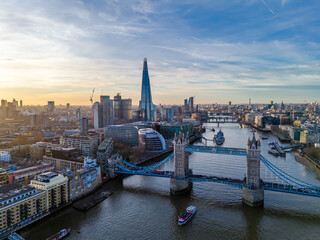 Tower Bridge. Aerial drone photo. Close-up of London Tower Bridge panorama at sunset