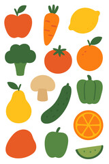 Colorful Fruit and Vegetable Icon Set in Flat Style