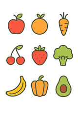 Colorful Fruit and Vegetable Icon Set in Flat Style