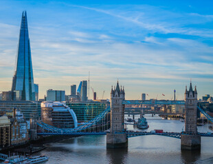 Tower Bridge. Aerial drone photo. Close-up of London Tower Bridge panorama at sunset