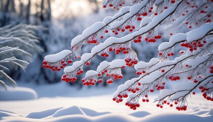 Snow Covered Branches Create A Serene Winter Scene With Clusters Of Red Berries Peeking Through The White Enhancing The Tranquil Beauty Of A Snowy Landscape