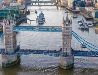 Tower Bridge. Aerial drone photo. Close-up of London Tower Bridge panorama at sunset