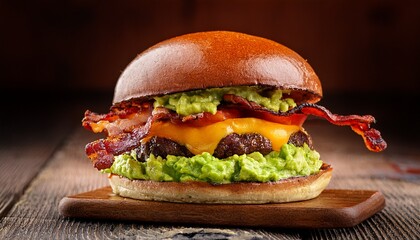 Guacamole Beef Burger With Melted Cheese And Bacon On Wooden Background