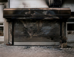 Burned storefront with a closed metal shutter after a fire incident. Heavy smoke stains, soot marks and charred surfaces create a dramatic urban scene.