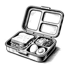 Open lunchbox containing sandwich, eggs, and snacks, hand-drawn sketch style on white background. Concept of school or office meal