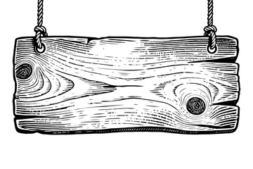 Rustic wooden hanging signboard with visible wood grain texture, sketch engraving style, isolated on white background, concept of signage